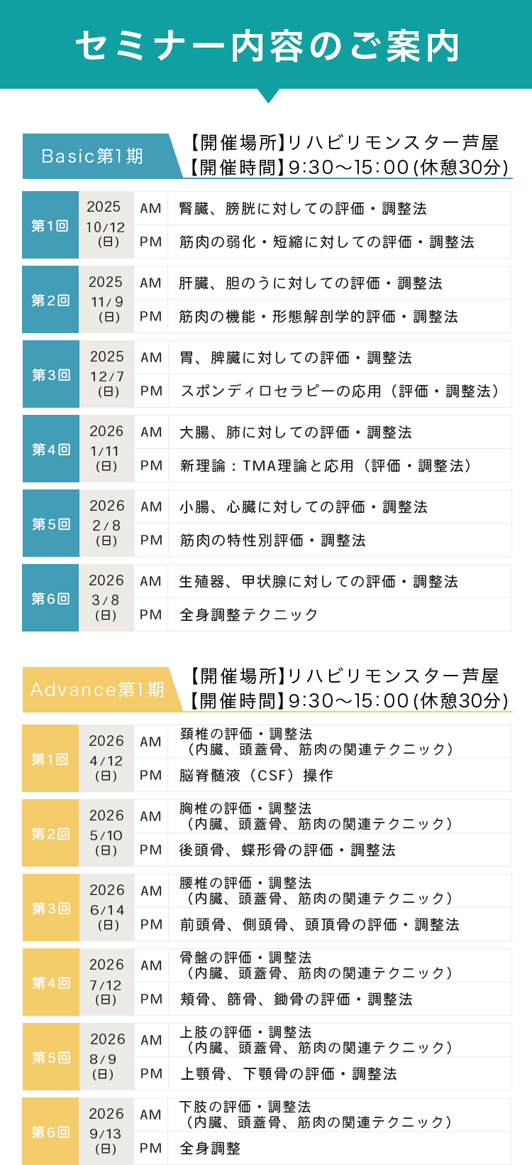 セミナー内容のご案内 Basic 第1期 【開催場所】リハビリモンスター芦屋 【開催時間】9:30〜15:00（休憩30分） 第1回 2025年10月12日（日） AM：腎臓、膀胱に対しての評価・調整法 PM：筋肉の弱化・短縮に対しての評価・調整法 第2回 2025年11月9日（日） AM：肝臓、胆のうに対しての評価・調整法 PM：筋肉の機能・形態解剖学的評価・調整法 第3回 2025年12月7日（日） AM：胃、脾臓に対しての評価・調整法 PM：スポンディロセラピーの応用（評価・調整法） 第4回 2026年1月11日（日） AM：大腸、肺に対しての評価・調整法 PM：新理論：TMA理論と応用（評価・調整法） 第5回 2026年2月8日（日） AM：小腸、心臓に対しての評価・調整法 PM：筋肉の特性別評価・調整法 第6回 2026年3月8日（日） AM：生殖器、甲状腺に対しての評価・調整法 PM：全身調整テクニック Advance 第1期 【開催場所】リハビリモンスター芦屋 【開催時間】9:30〜15:00（休憩30分） 第1回 2026年4月12日（日） AM：頸椎の評価調整法（内臓、頭蓋骨、筋肉の関連テクニック） PM：脳脊髄液（CSF）操作 第2回 2026年5月10日（日） AM：胸椎の評価・調整法（内臓、頭蓋骨、筋肉の関連テクニック） PM：後頭骨、蝶形骨の評価・調整法 第3回 2026年6月14日（日） AM：腰椎の評価・調整法（内臓、頭蓋骨、筋肉の関連テクニック） PM：前頭骨、側頭骨、頭頂骨の評価・調整法 第4回 2026年7月12日（日） AM：骨盤の評価調整法（内臓、頭蓋骨、筋肉の関連テクニック） PM：頬骨、篩骨、鋤骨の評価・調整法 第5回 2026年8月9日（日）AM：上肢の評価・調整法（内臓、頭蓋骨、筋肉の関連テクニック） PM：上顎骨、下顎骨の評価・調整法 第6回 2026年9月13日（日） AM：下肢の評価・調整法（内臓、頭蓋骨、筋肉の関連テクニック） PM：全身調整